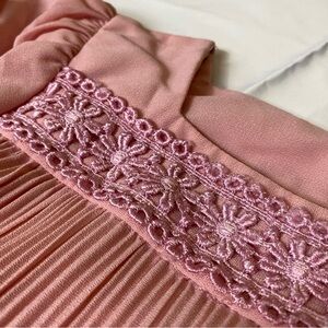 Women’s Vintage Pink Pleated Dress with embroidery neckline and lettuce hem